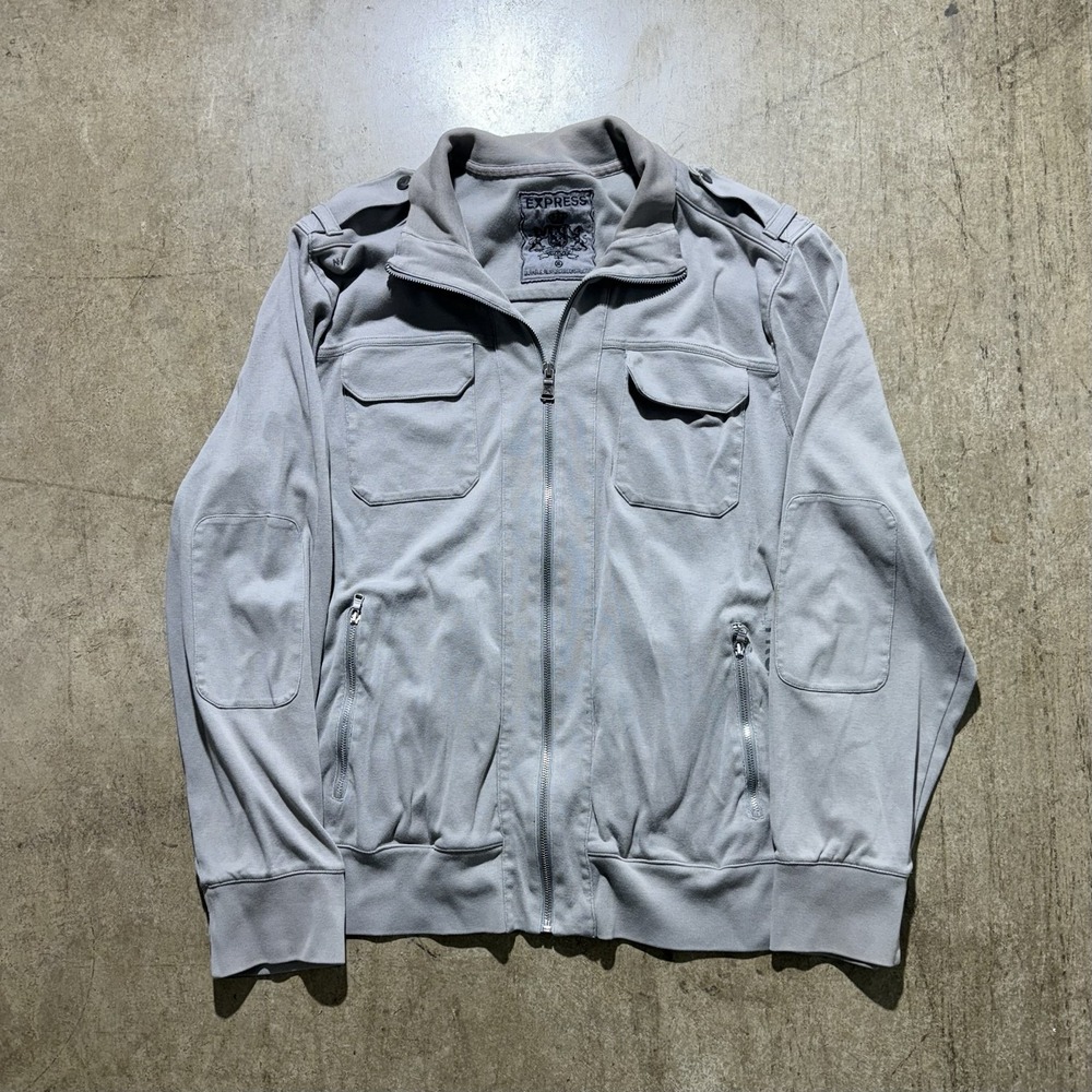 Express Jacket Mens Large Gray Fleece Military Full Zip Stand Collar Pockets